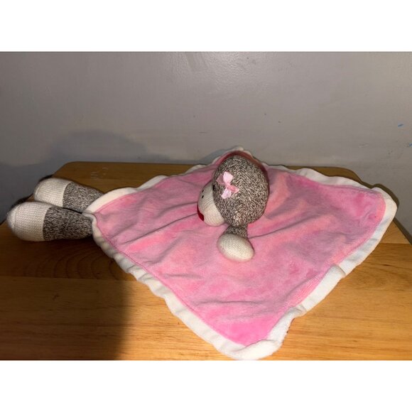 Sock Monkey Baby Starters Lovey Blanket With Pink Satin Back & Plush Knit Monkey - Picture 3 of 8